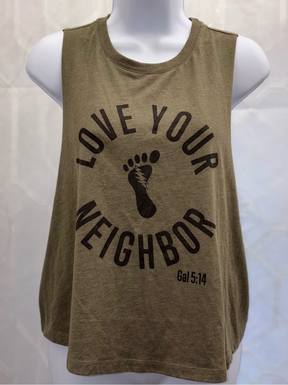 Women’s Boho Christian Military Green Tank Top Granola Girl Bible Verse Size L
